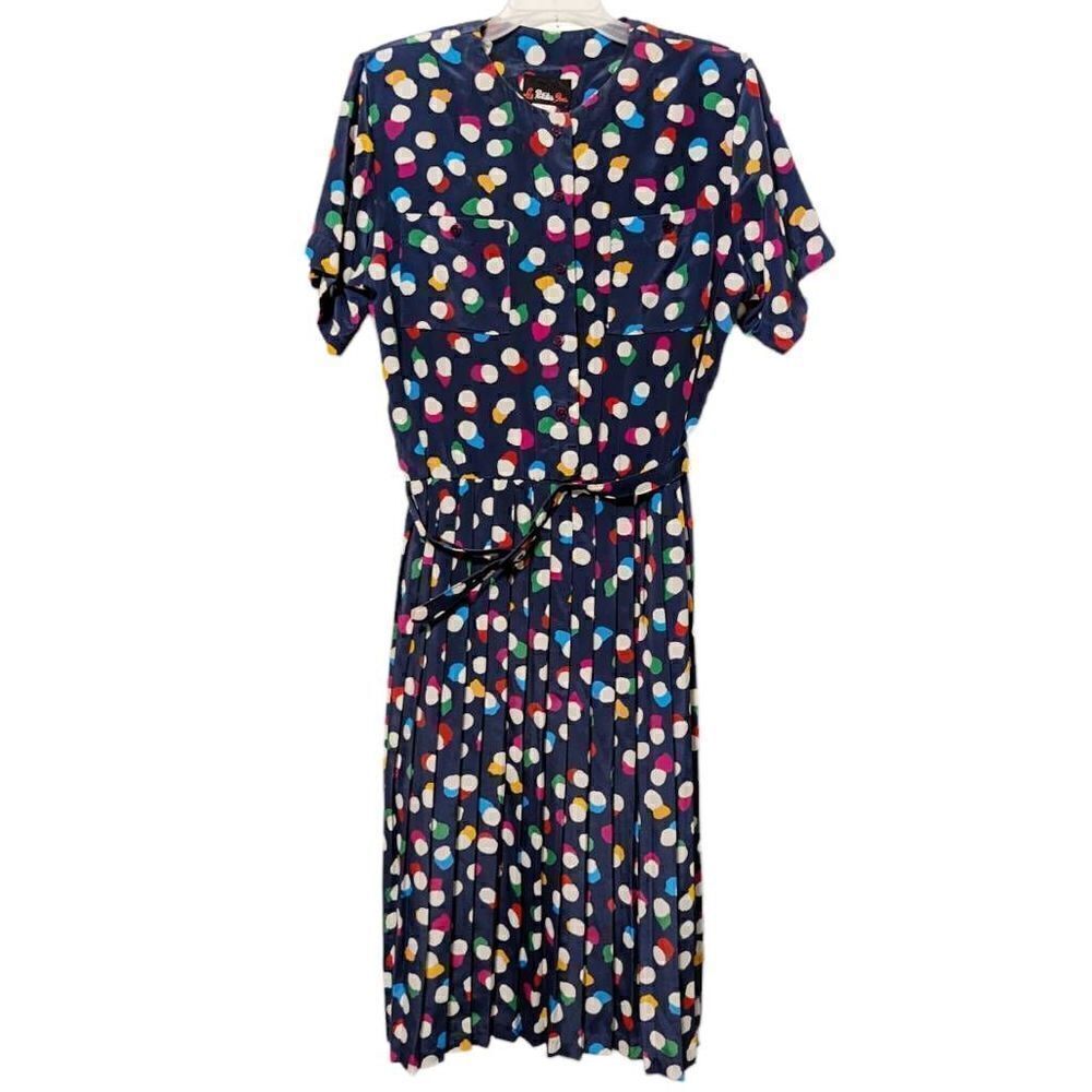 Vintage Women's Abstract Floral Pleated‎ Utility Dress Navy Blue Size 14